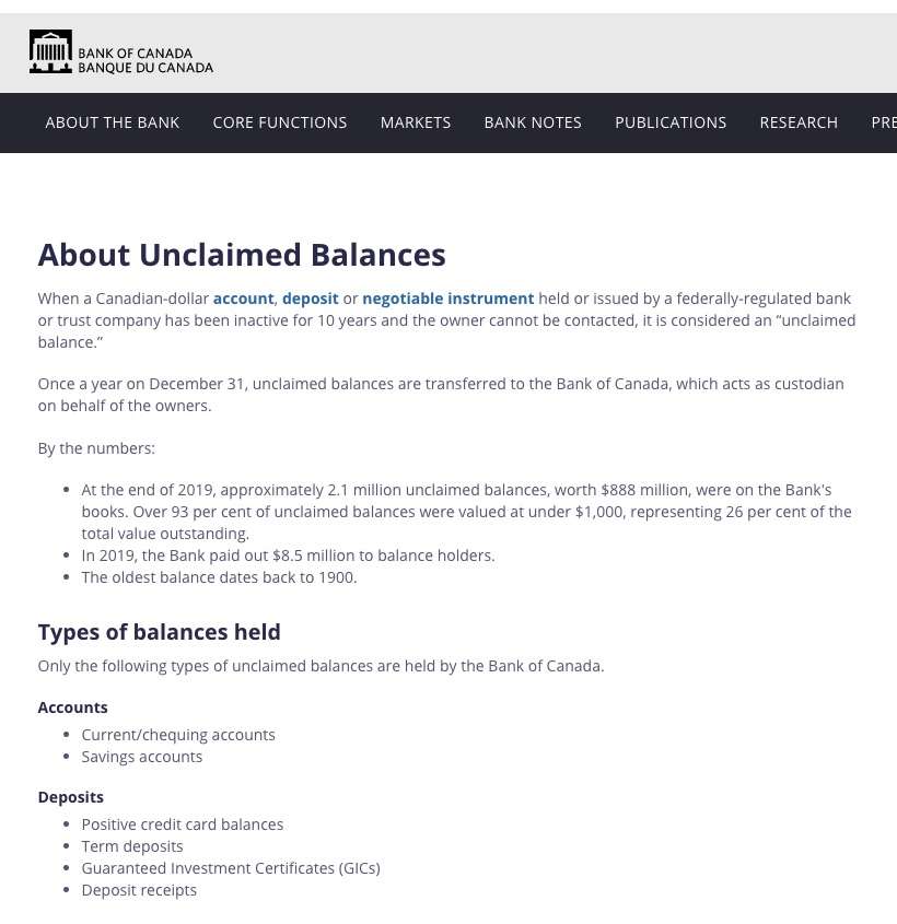 Bank of Canada unclaimed balances