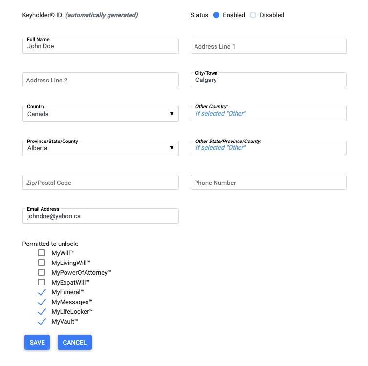 Setting up a Keyholder at LegalWills.ca