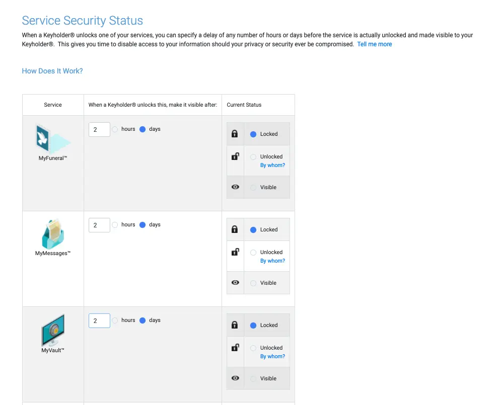 MySecurity settings at LegalWills.ca
