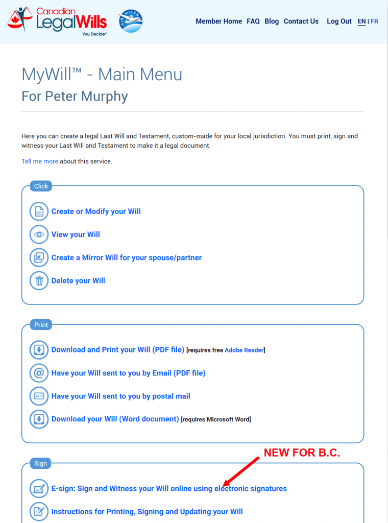 option for electronically signing a Digital Will