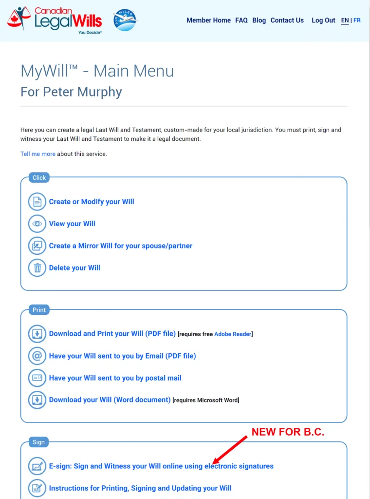 option for electronically signing a Digital Will