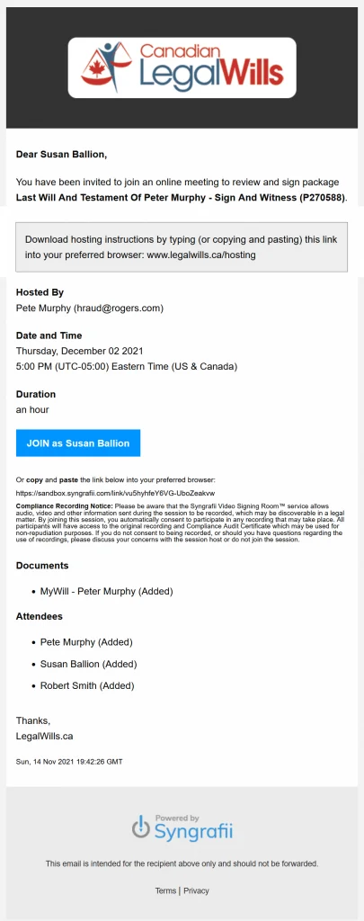 Invitation for a witness to attend a virtual signing room