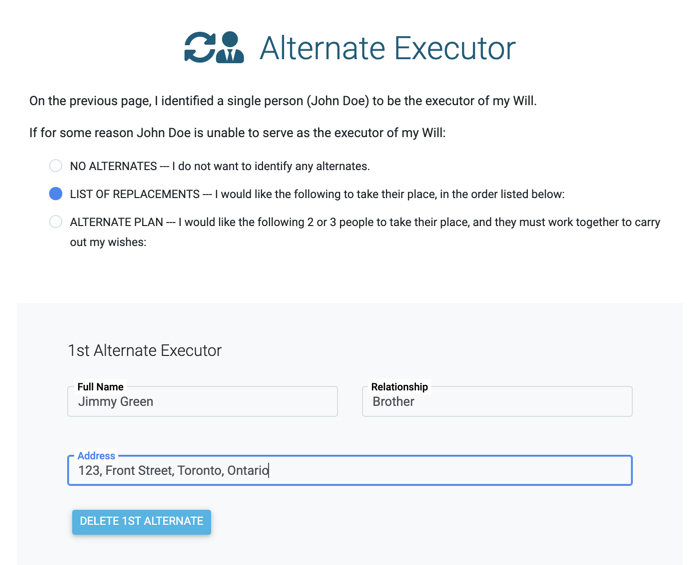 Appointing an alternate Executor at LegalWills.ca
