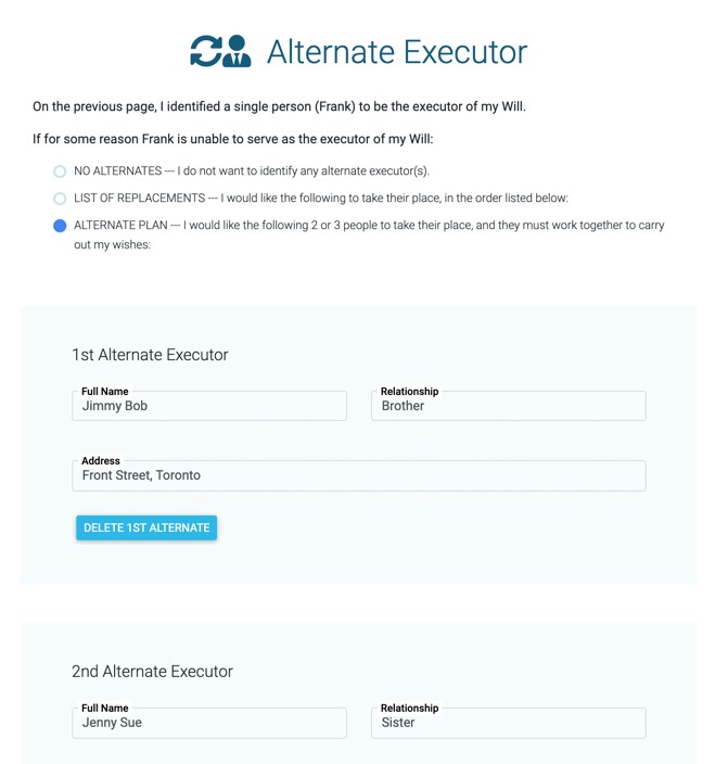 LegalWills.ca Alternate Executors
