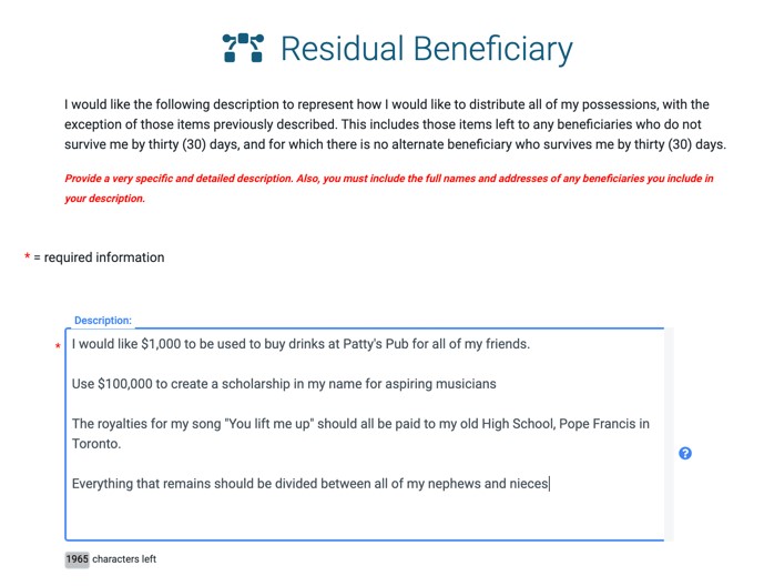 LegalWills.ca support for free-form descriptions